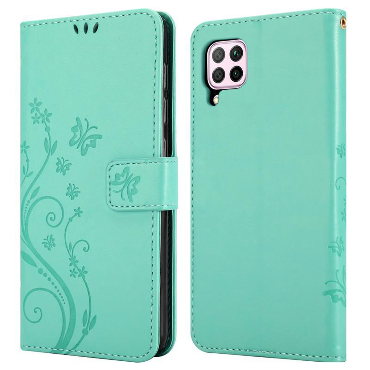 Custodia per telefono verde acqua con design floreale e chiusura magnetica, aperta che mostra il telefono.