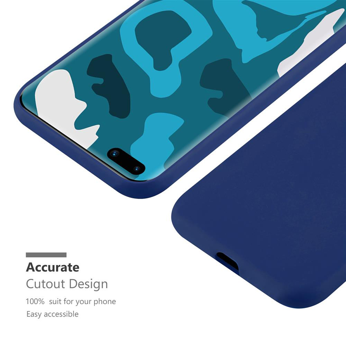 Custodia blu per telefono con motivo mimetico sullo schermo. Testo sulla custodia: 'Accurate'.