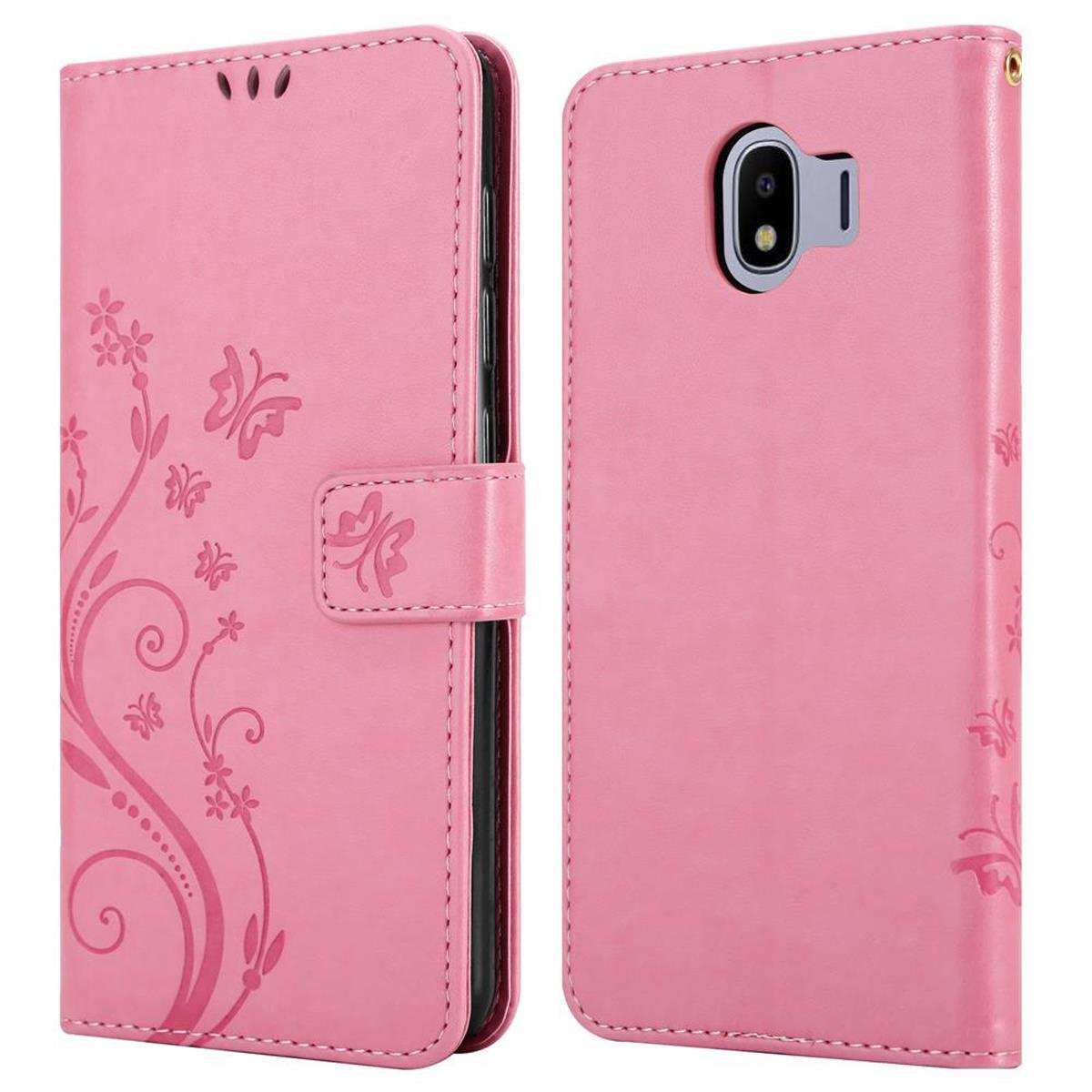 Una custodia per telefono rosa con un design floreale. È aperta, mostrando spazio per carte e un telefono.