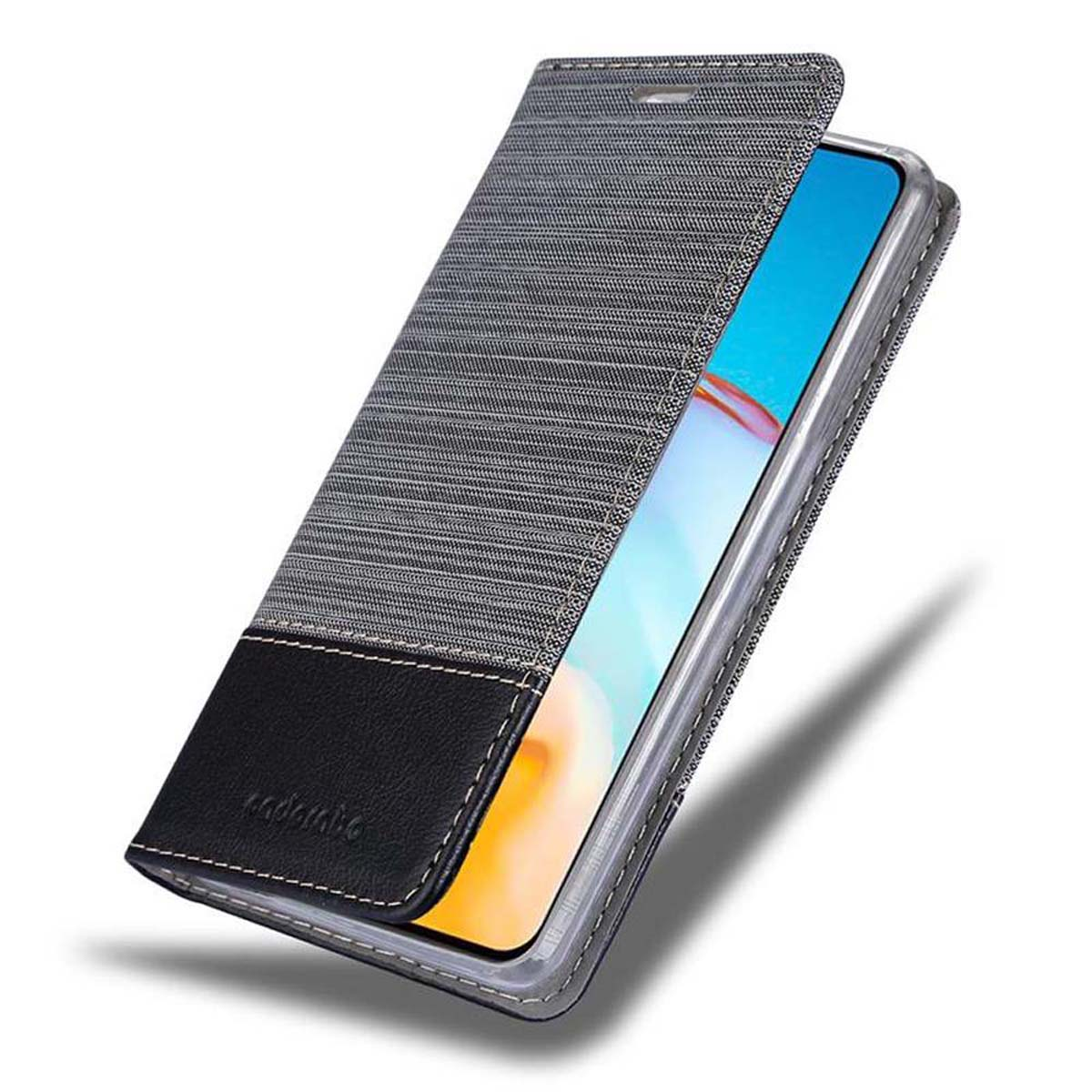 Handyhülle mit dem Telefon darin. Graue und schwarze Farben, schwarzer Lederblock.