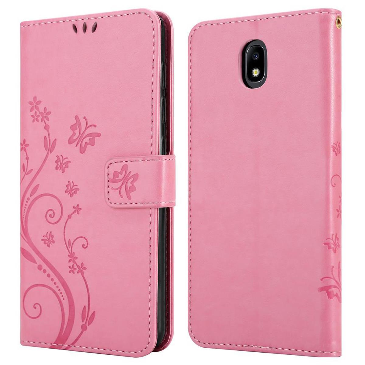 Custodia per telefono rosa con design floreale, si apre a libro. Il retro mostra fotocamera e pulsante.