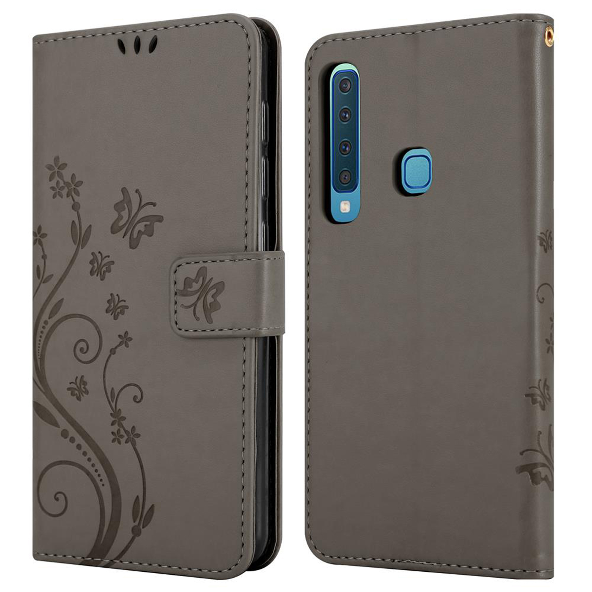 Una custodia grigia per telefono con un disegno floreale e una chiusura magnetica.