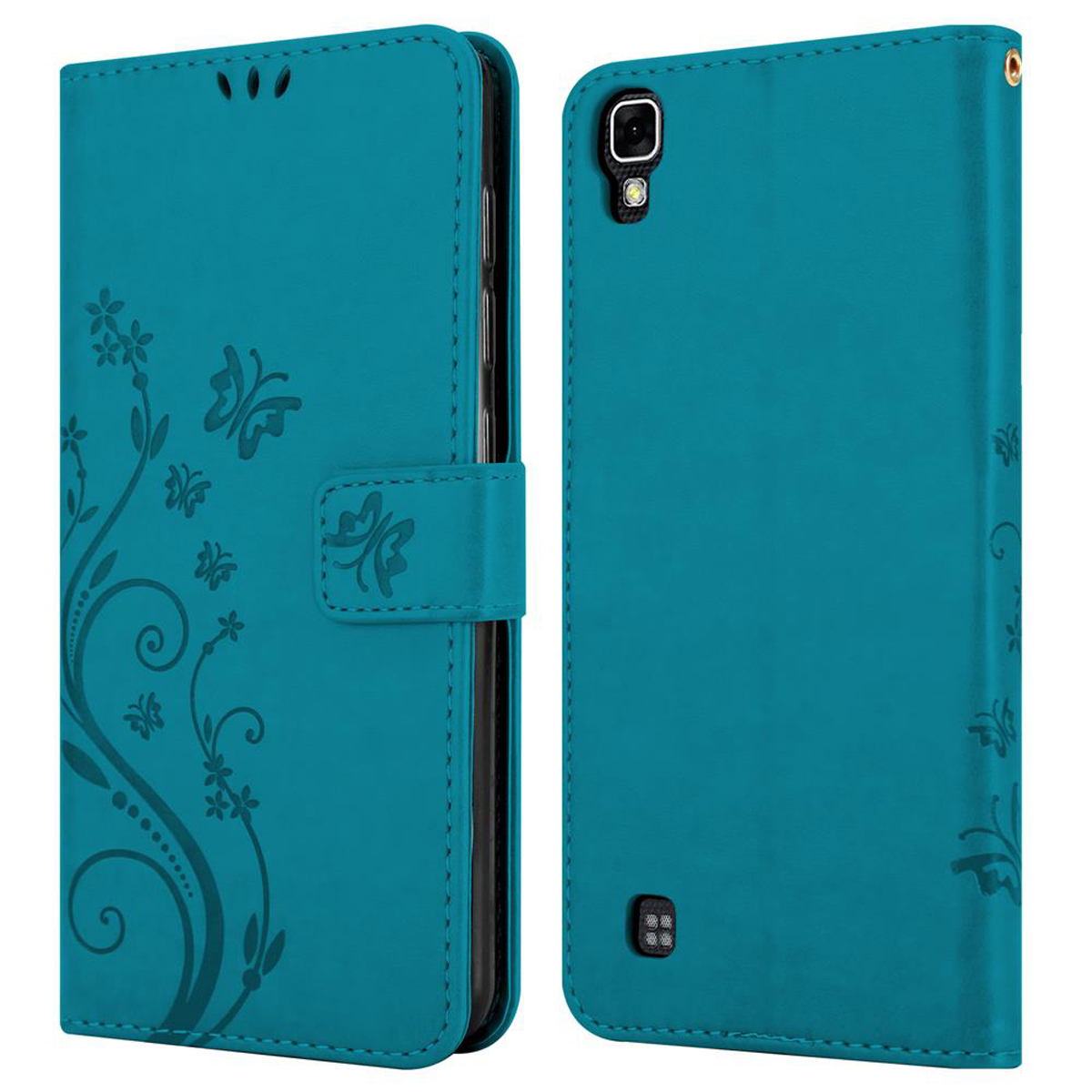 Custodia per telefono turchese, aperta e chiusa, con design floreale. Sfondo bianco.