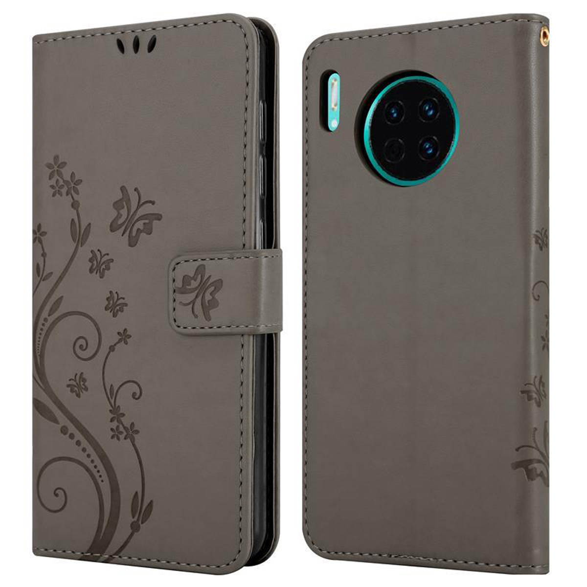 Custodia grigia per telefono con design floreale e un telefono. Lo sfondo è bianco.