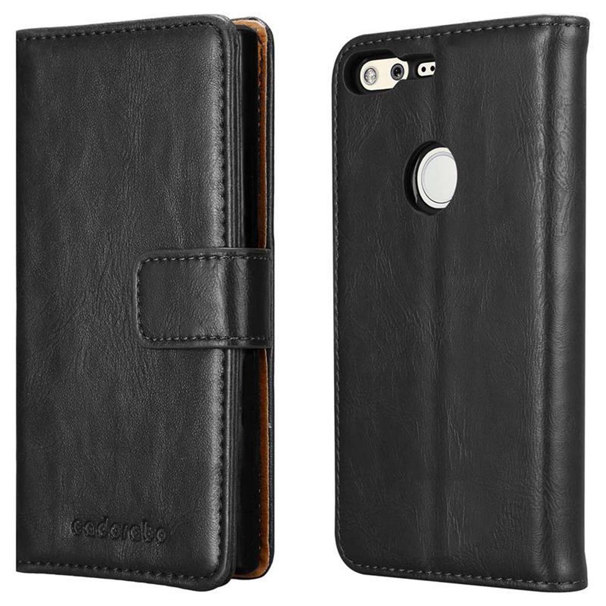 Custodia per telefono nera, aperta e chiusa, con cover e telefono visibile.