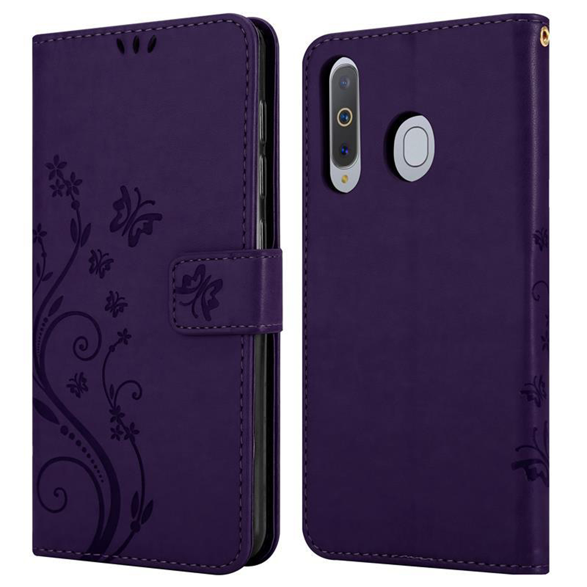 Custodia viola per telefono con design a farfalla. Chiusura e supporto.