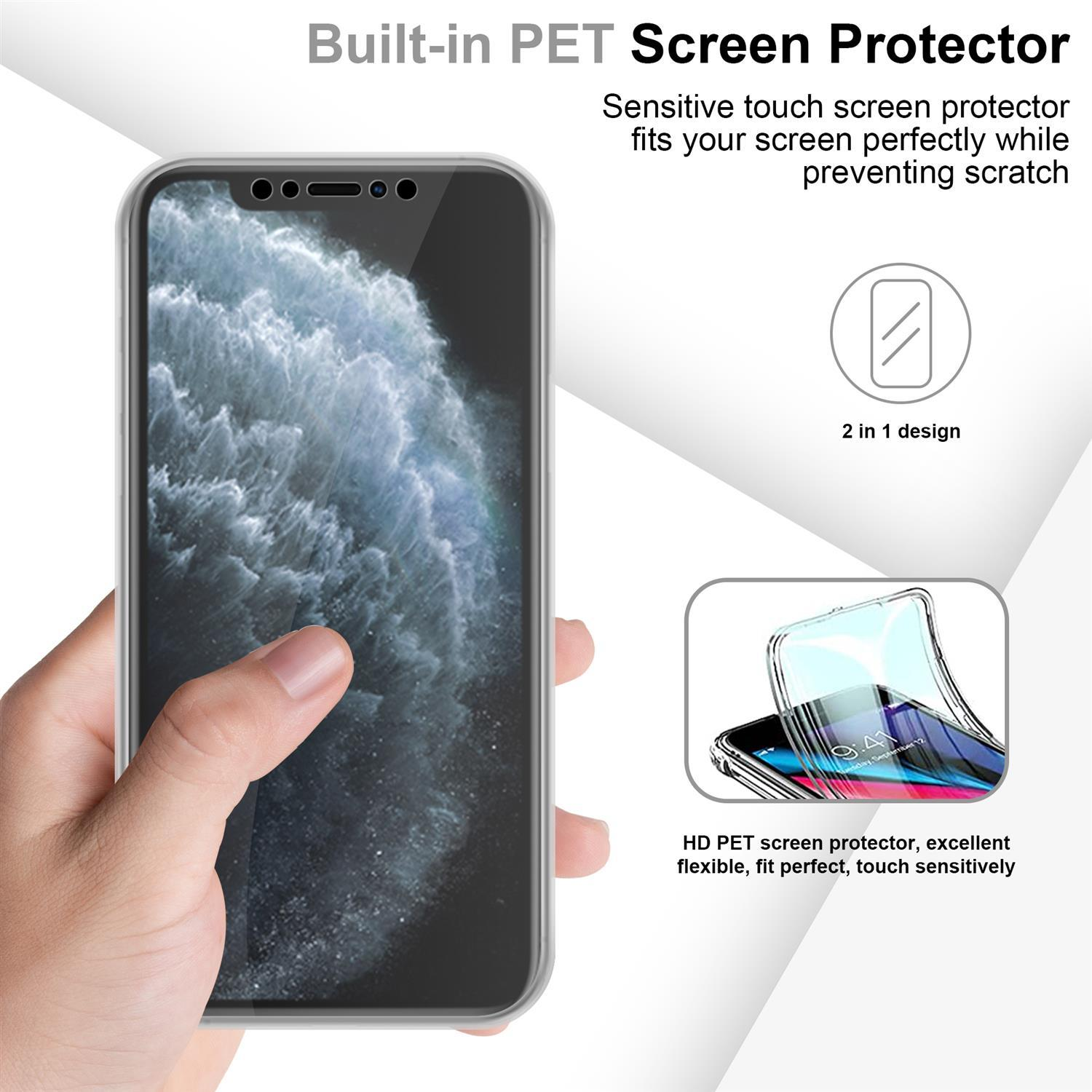 Hand hält Telefon in Hülle mit Displayschutz. Text: Built-in PET Screen Protector.