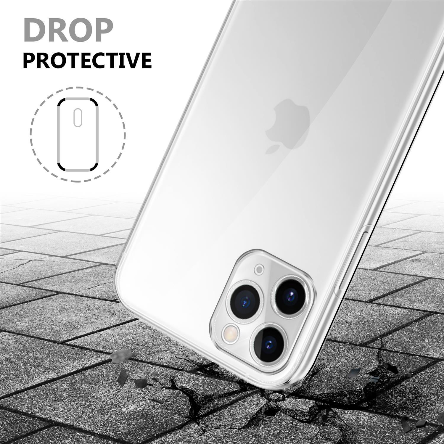 Eine transparente Handyhülle auf einer rissigen Oberfläche. Das Apple-Logo ist sichtbar. Text: 'Drop Protective'.