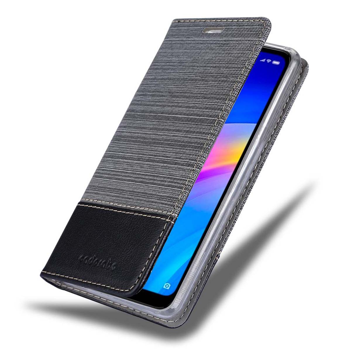 Eine grau-schwarze Handyhülle ist geöffnet und zeigt ein Telefon mit blauem Bildschirm.