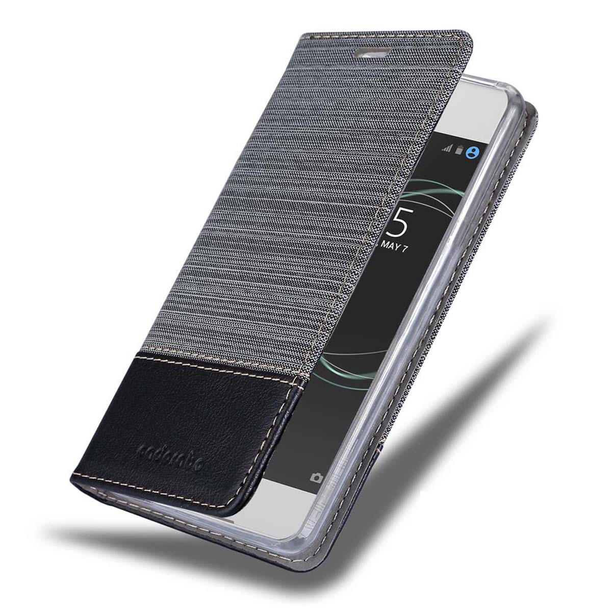 Ein Telefon in einer Hülle mit Denim- und schwarzem Cover, teilweise geöffnet, zeigt den Bildschirm.