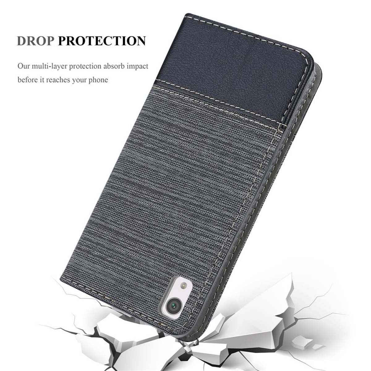 Una custodia per telefono con un design nero e grigio. Mostra il testo "DROP PROTECTION" e il telefono nella custodia.