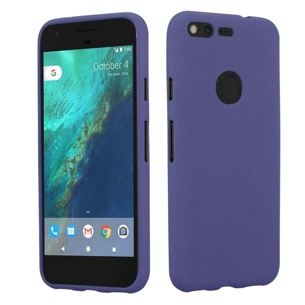 Zwei Telefone. Eines ist eingeschaltet, das andere ausgeschaltet. Beide sind in einem blauen Gehäuse.