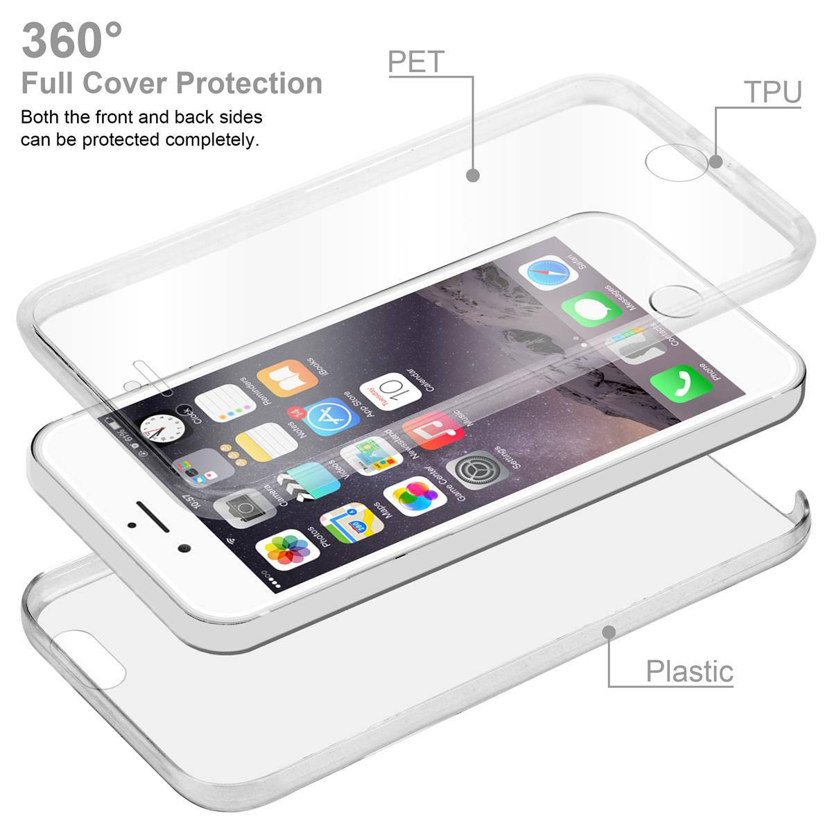 Un telefono in una custodia protettiva trasparente. Il telefono è bianco. La custodia è realizzata in plastica PET e TPU.