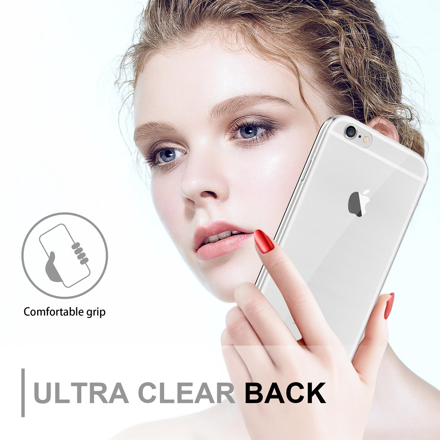 Una donna tiene in mano un telefono con una cover posteriore trasparente e un logo Apple.