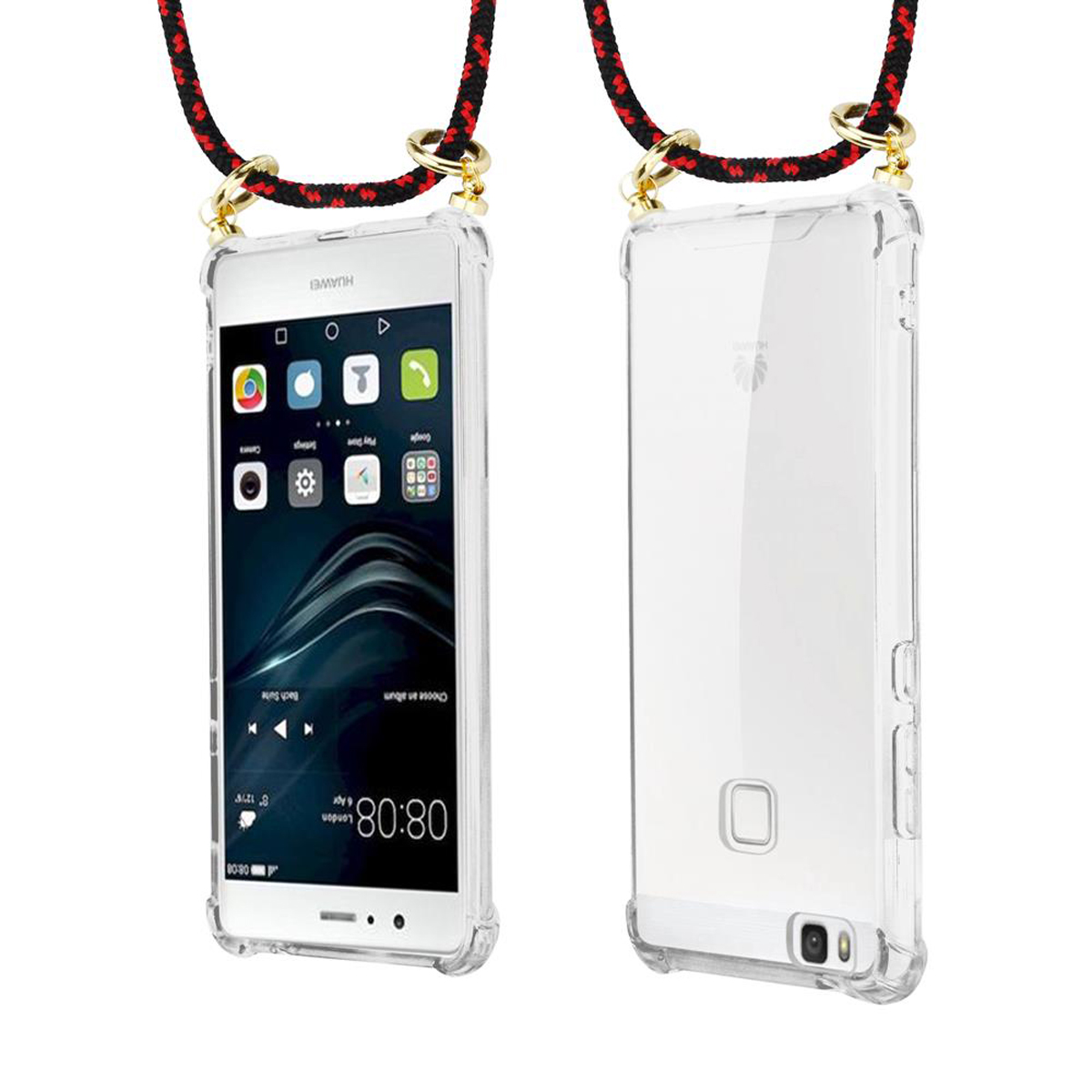 Coque de téléphone avec cordon. L'avant a un écran de téléphone avec des applications. L'arrière est blanc. Corde rouge et noire.
