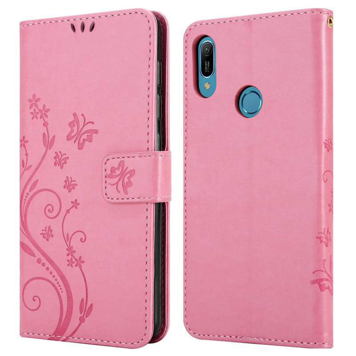 Una custodia per telefono rosa con un design floreale viene mostrata aperta e chiusa.