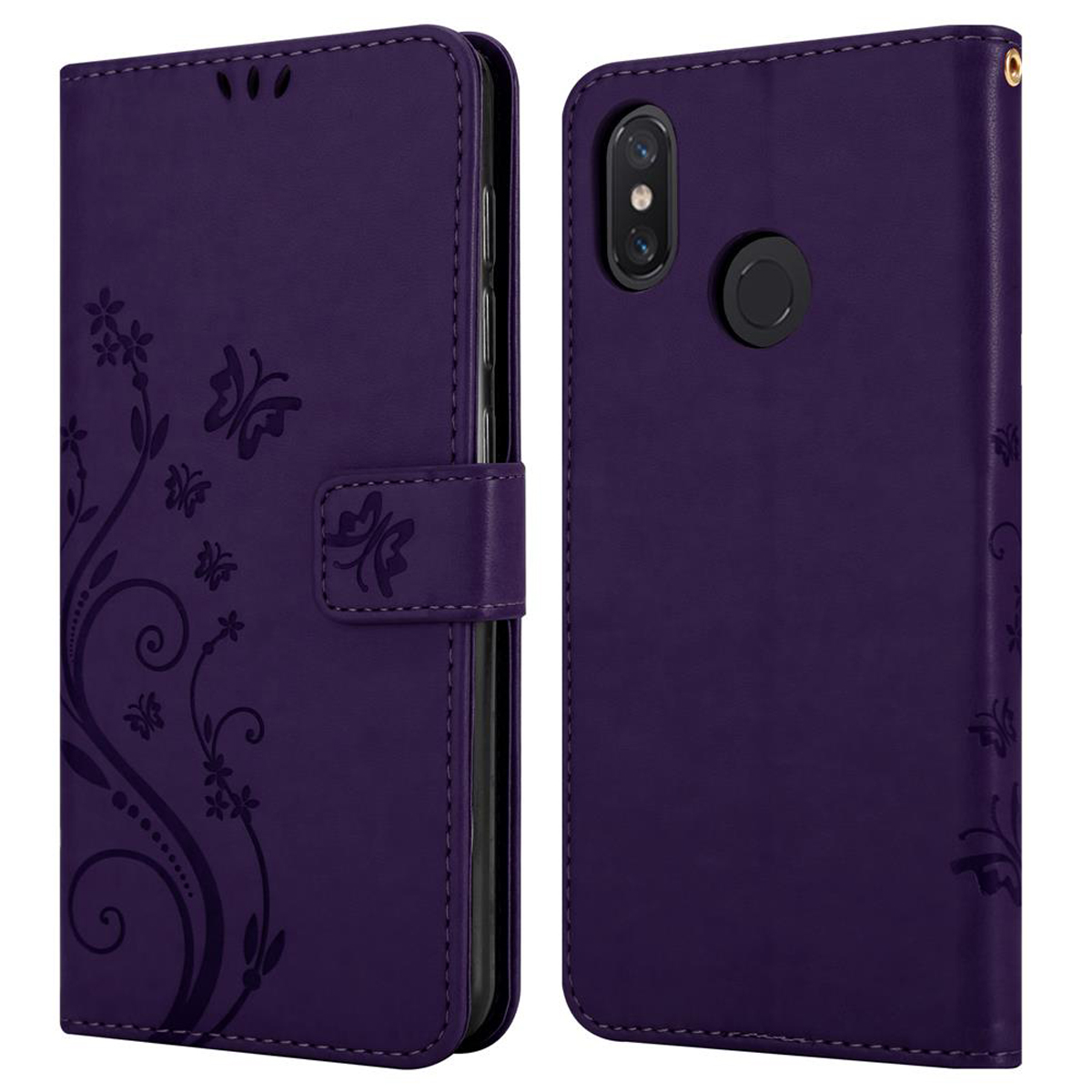 Custodia viola per telefono, chiusa e aperta. Design floreale e dettaglio farfalla sul davanti.