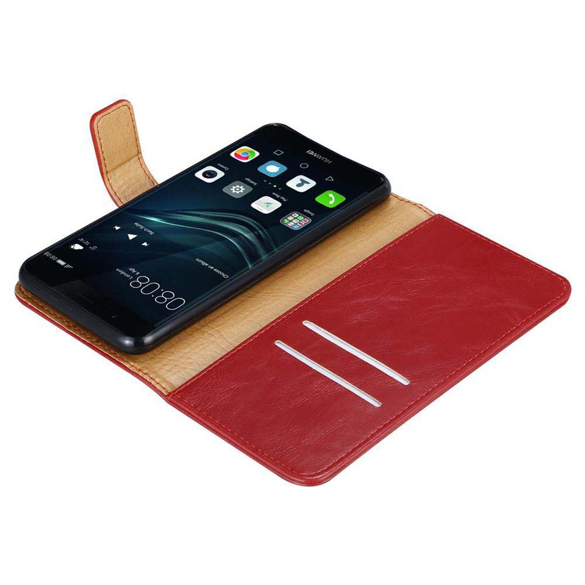 Telefono in una custodia aperta. Display con icone delle app. Interno rosso.