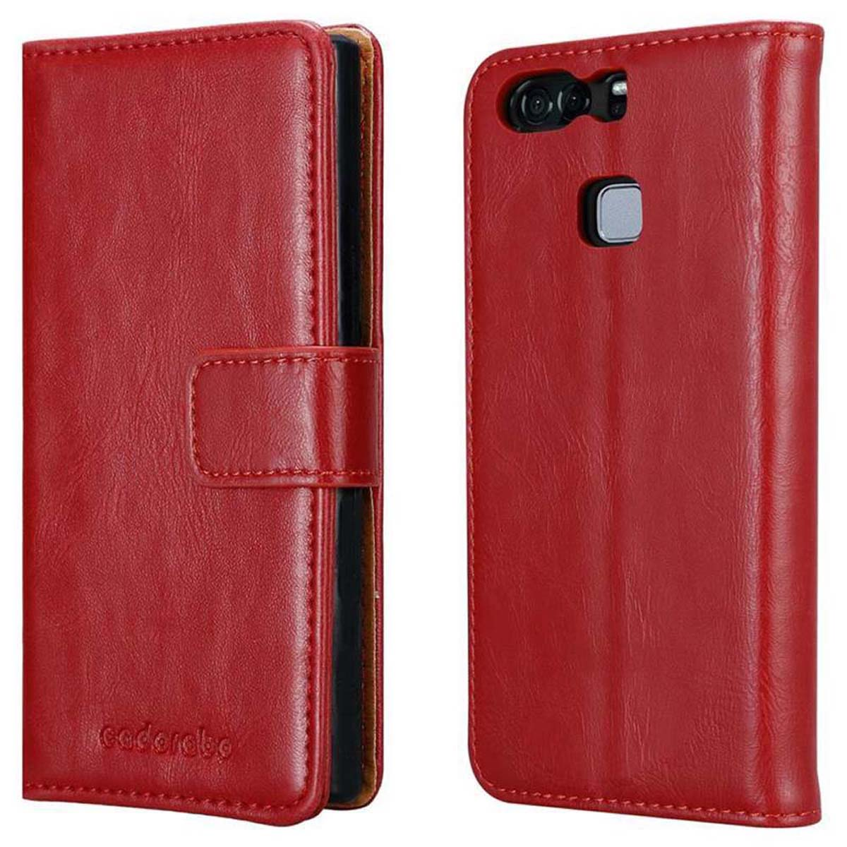 Custodia rossa aperta. Texture simile alla pelle. Il telefono non c'è.