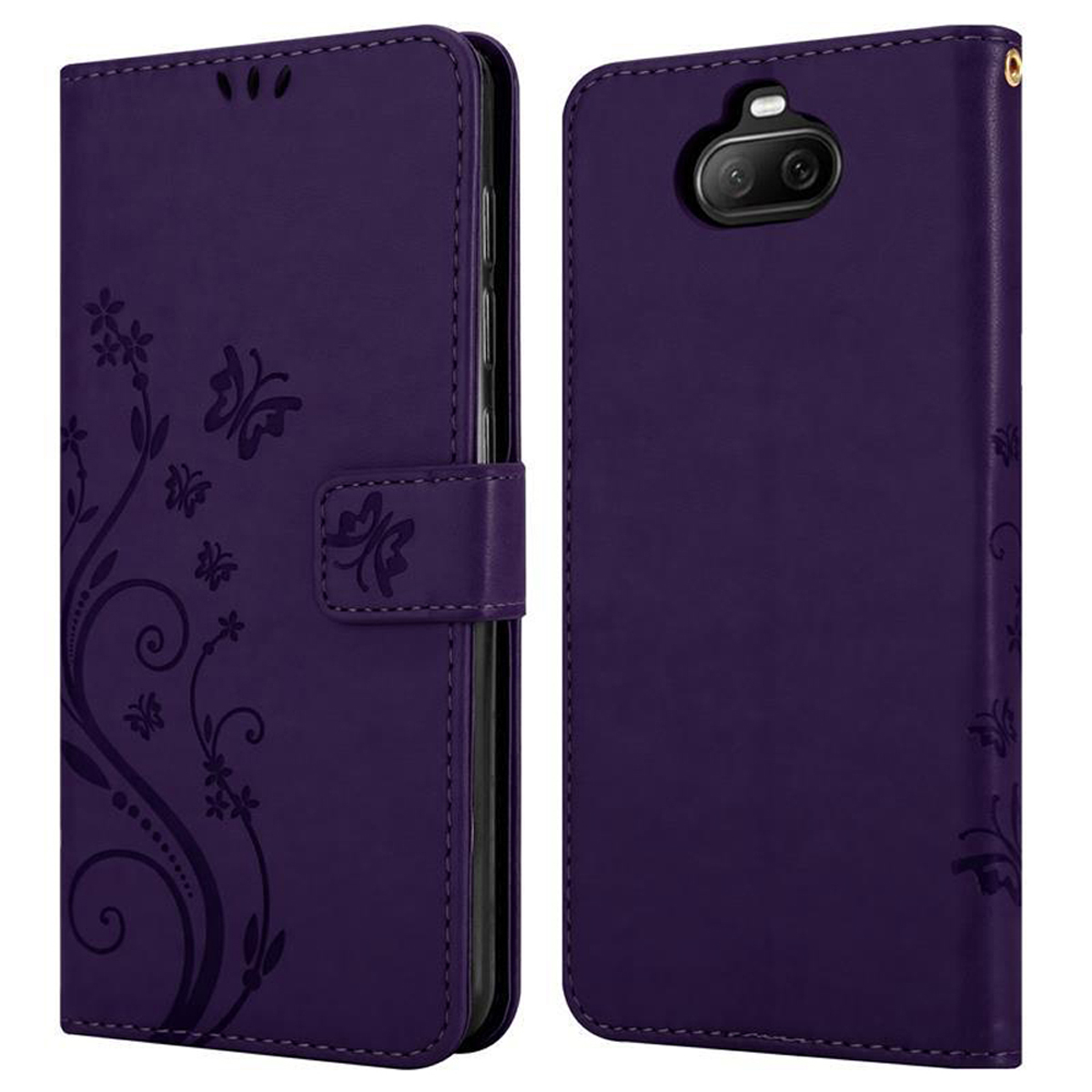 Custodia per telefono viola con design floreale. La custodia è chiusa a sinistra e aperta a destra, mostrando il telefono.