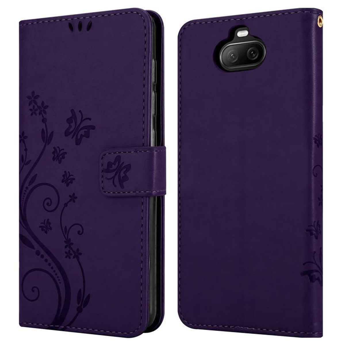 Custodia per telefono viola, aperta e chiusa. Design floreale sul davanti. Sfondo bianco.