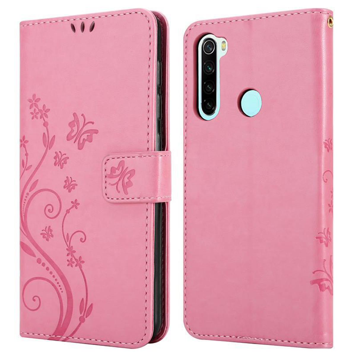 Custodia per telefono rosa, aperta e chiusa. Design floreale sul davanti. Chiusa mostra la chiusura. Aperta rivela il telefono.