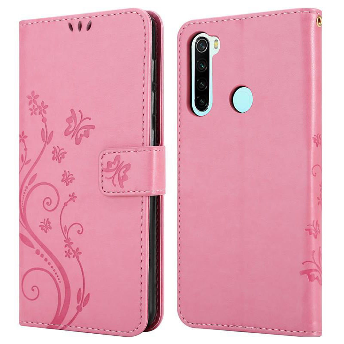 Custodia rosa per telefono, chiusa, con design floreale. La custodia aperta mostra la fotocamera e i pulsanti del telefono.