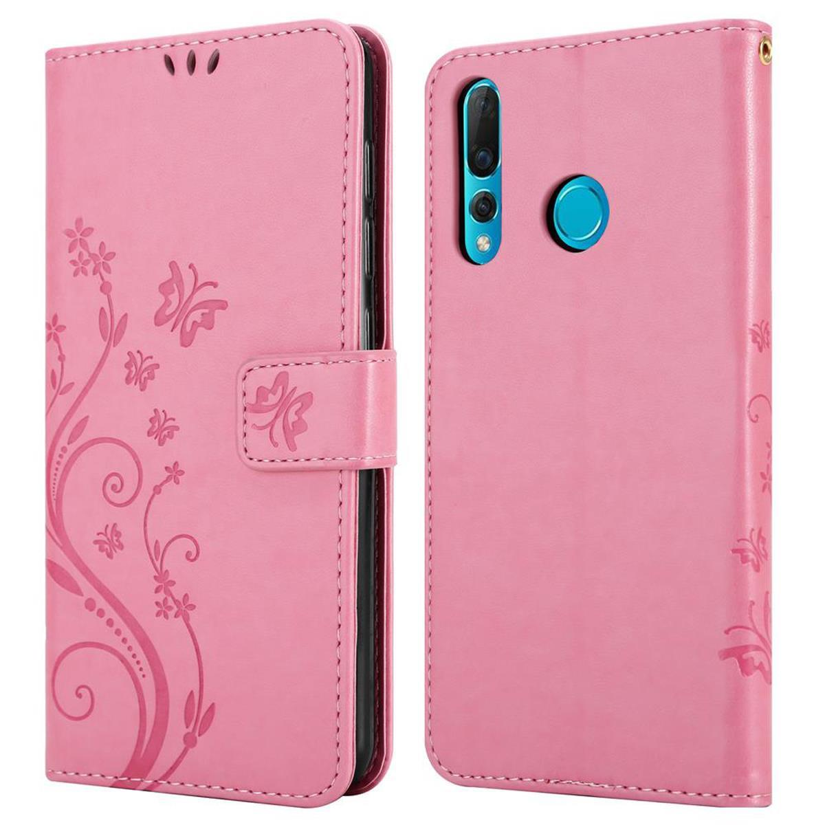 Una custodia rosa per telefono con un design floreale. La custodia è aperta, rivelando il telefono all'interno.