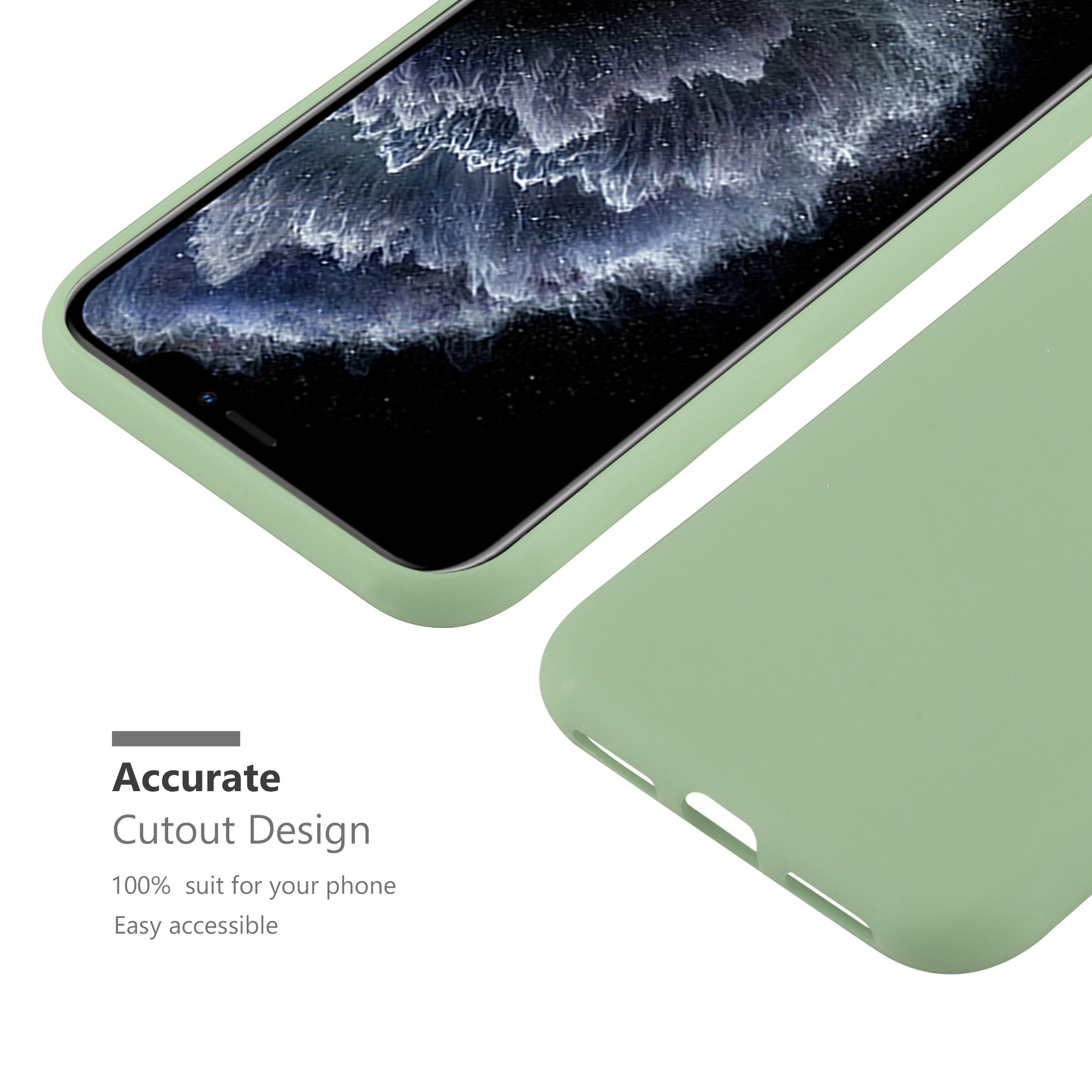 Zwei grüne Handyhüllen, eine mit Telefon. Text: 'Accurate Cutout Design' und 'Easy accessible'.