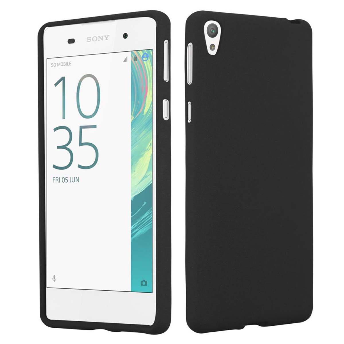 Teléfono Sony negro con hora mostrada. También se muestra la parte trasera, funda negra.