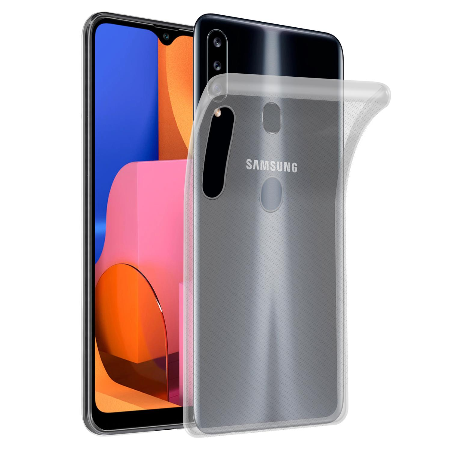 Telefon in einer transparenten Hülle. Vorderansicht des Telefons mit Bildschirm und Rückseite sichtbar.