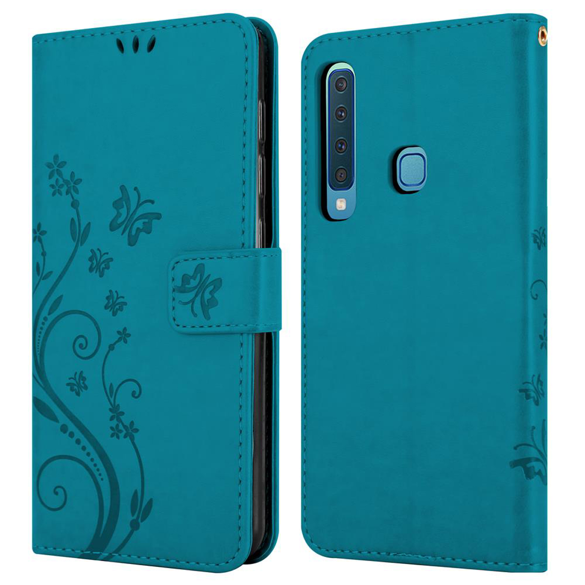 Custodia per telefono verde acqua con un design floreale. La custodia è aperta.