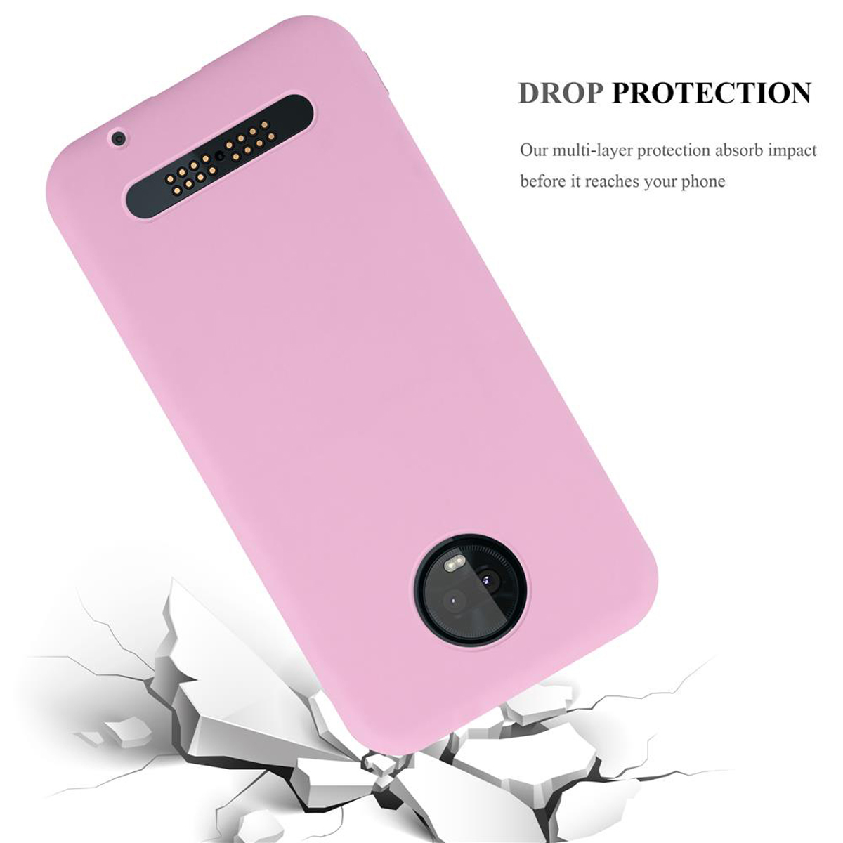 Custodia rosa per telefono con fotocamera. Testo: Protezione dalle cadute. La custodia cade su una superficie crepata.