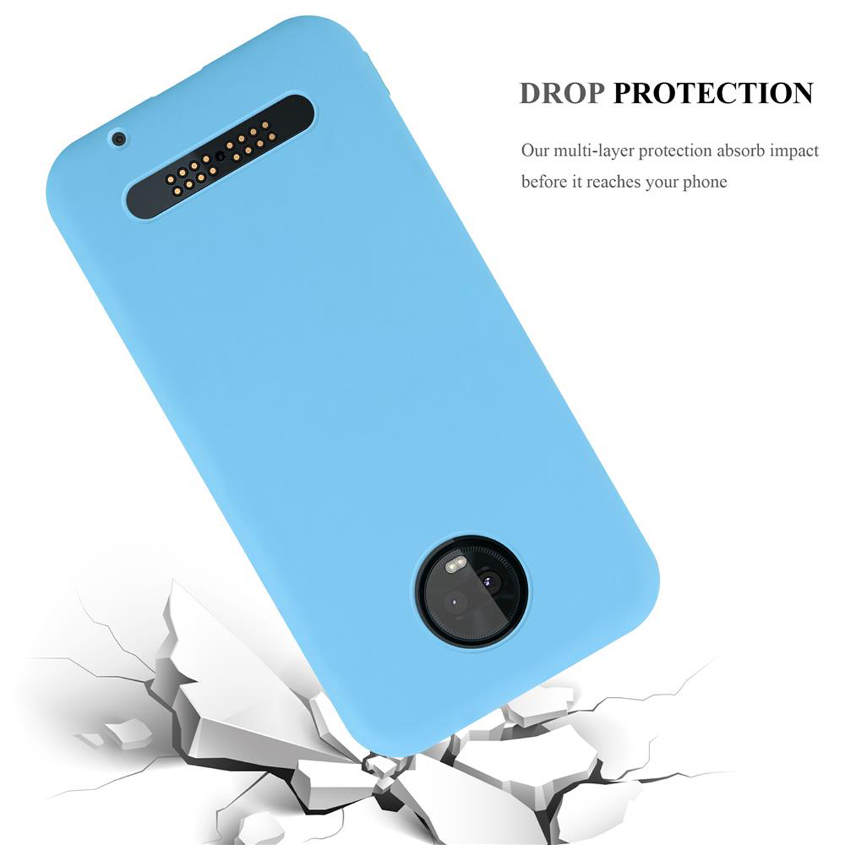 Custodia per telefono blu su una superficie bianca fratturata, con testo sulla protezione dalle cadute.