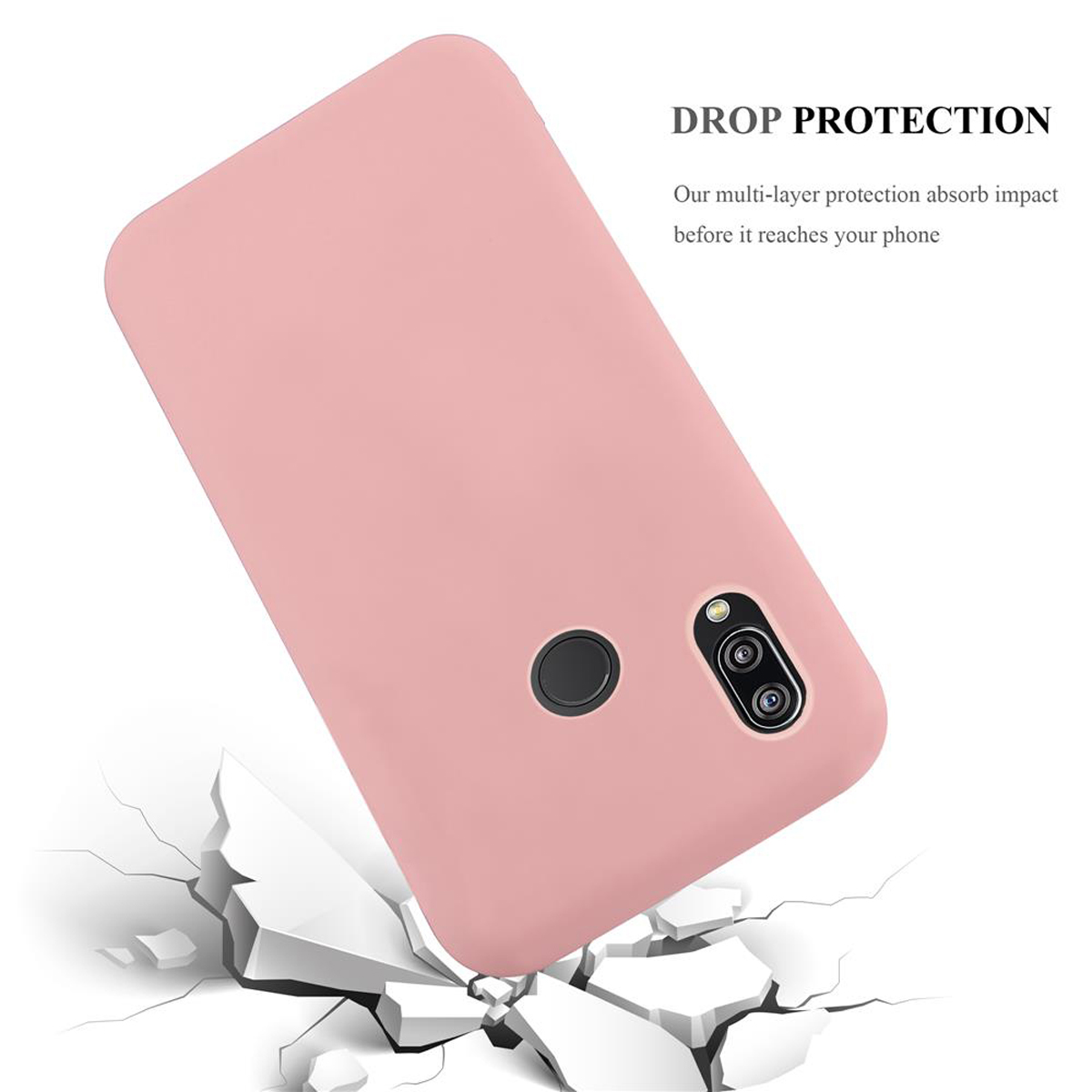 Custodia rosa su terreno bianco rotto. Testo protezione cadute in alto.