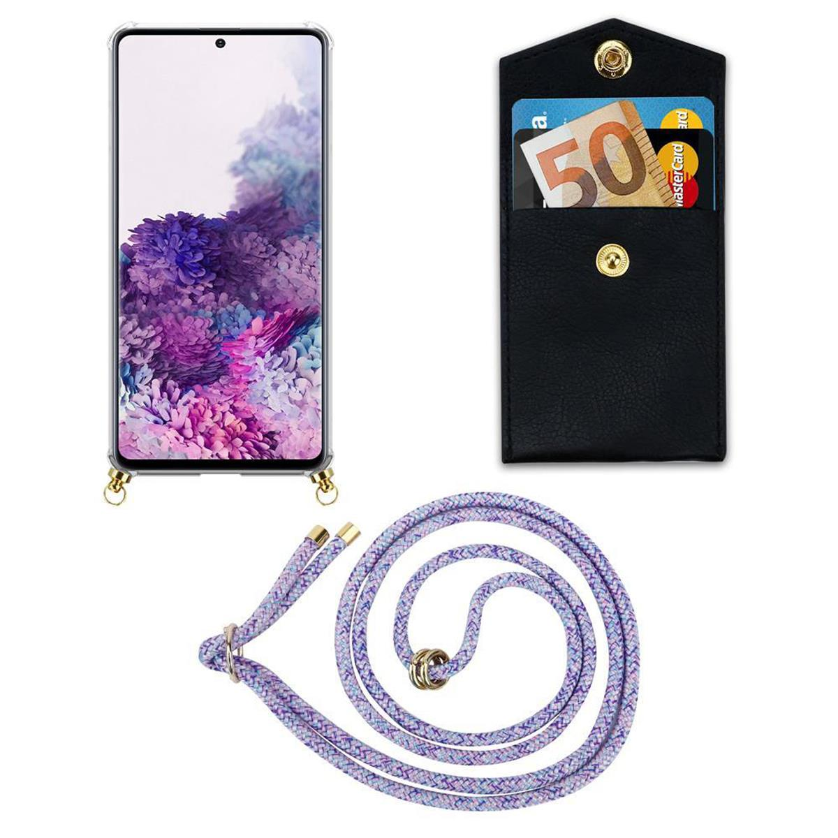 Un telefono in una custodia trasparente, un porta carte in pelle nera e un cordino viola. Il porta carte ha carte e denaro all'interno.