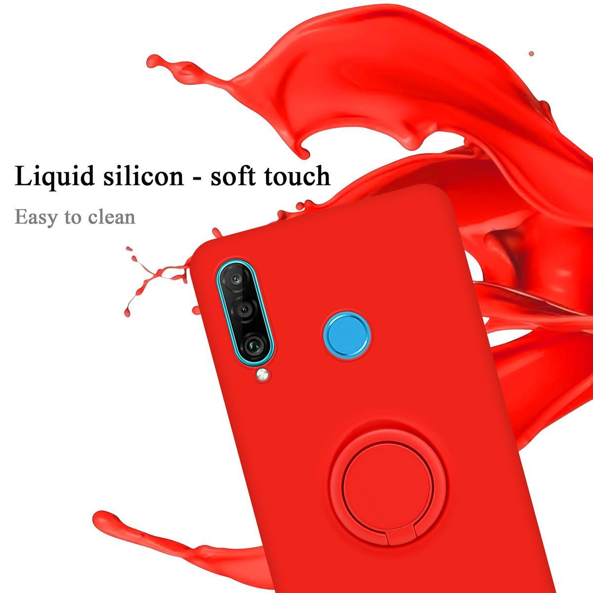 Custodia per telefono rossa con supporto ad anello. Il supporto è un cerchio. Il telefono è rosso.