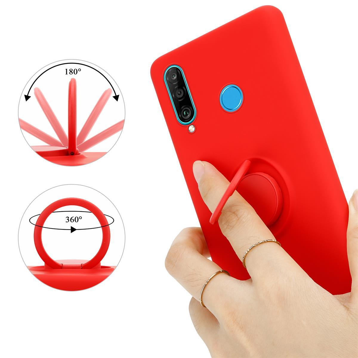 Custodia per telefono rossa con supporto ad anello, due opzioni rotanti. Una mano con anelli tiene l'anello.