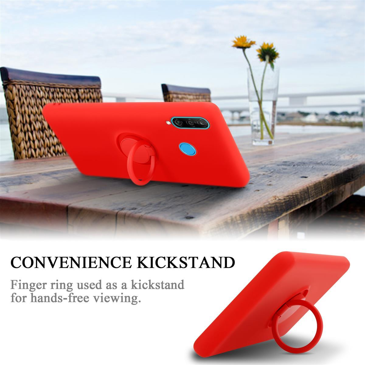 Custodia per telefono rossa con supporto ad anello. L'anello viene utilizzato anche come cavalletto.