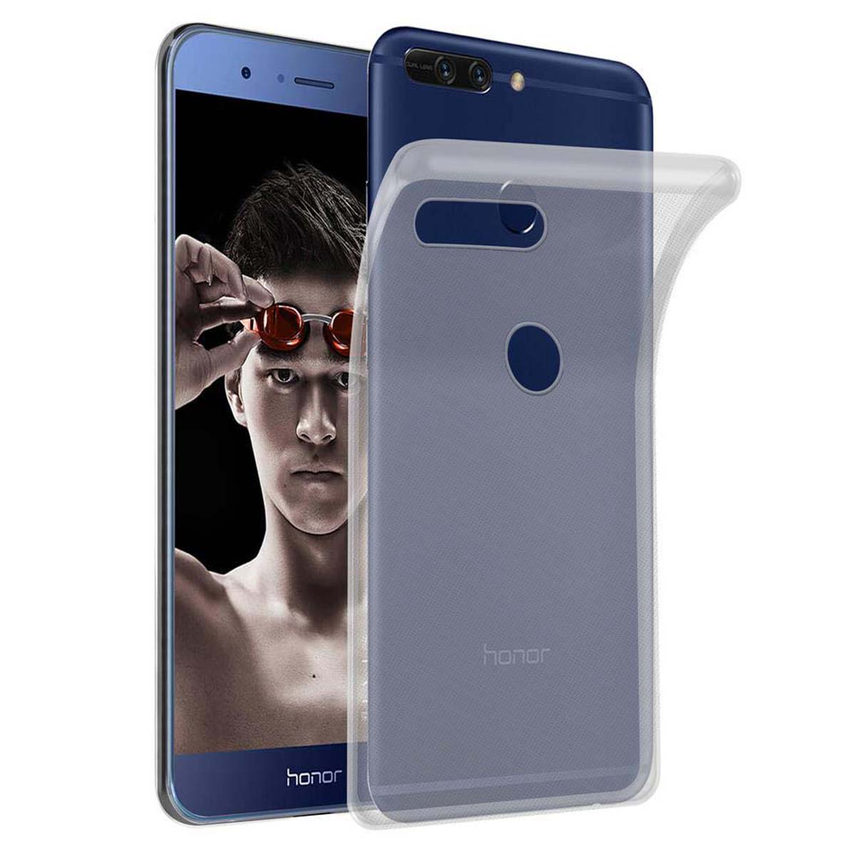 Telefon mit Hülle. Mann im Wasser im Hintergrund.