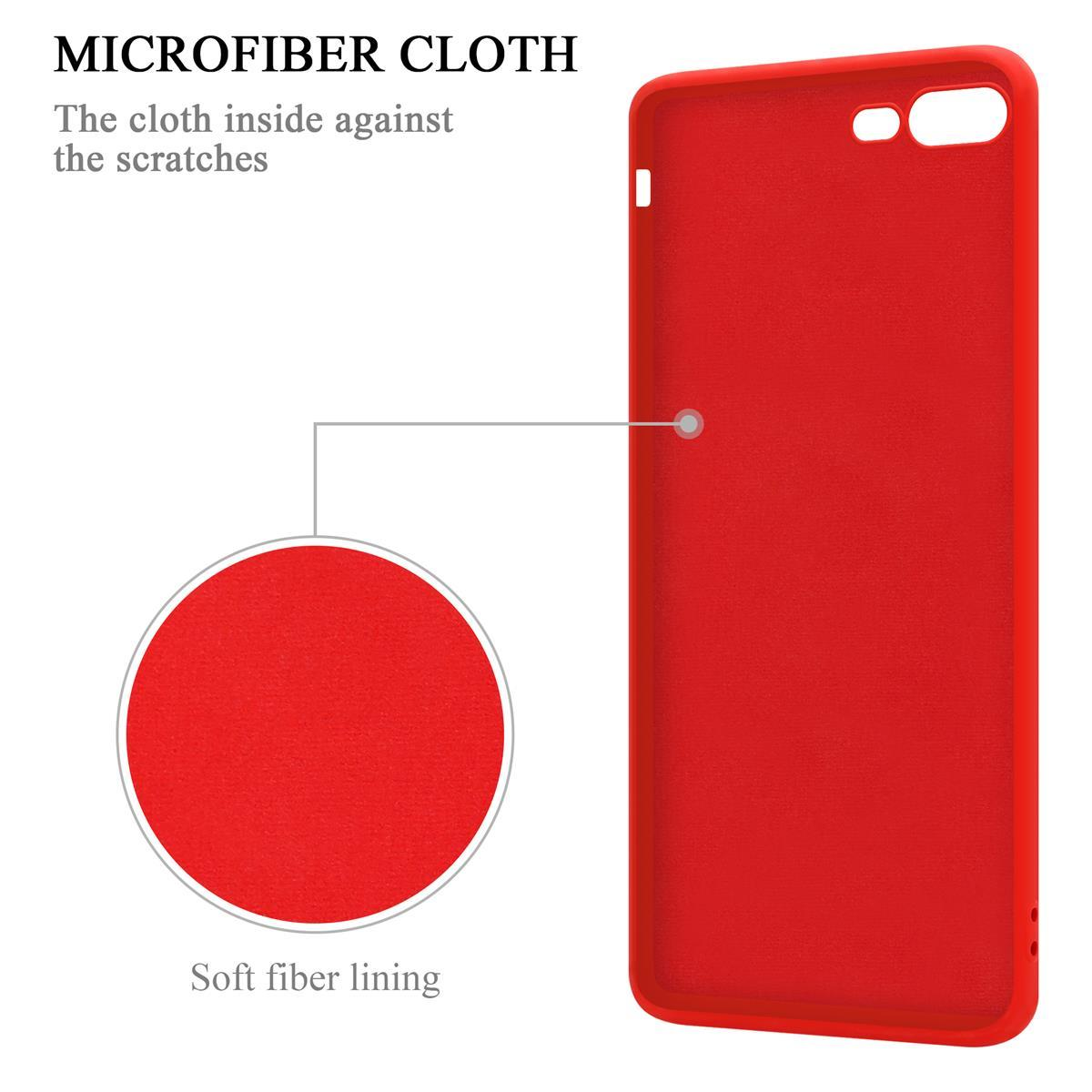 Una custodia per telefono rossa con fodera in microfibra. La custodia è a destra, con un dettaglio circolare a sinistra.