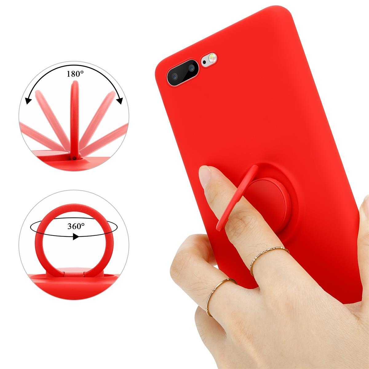 Custodia per telefono rossa con supporto ad anello, mano che tiene l'anello e primo piano della rotazione dell'anello.