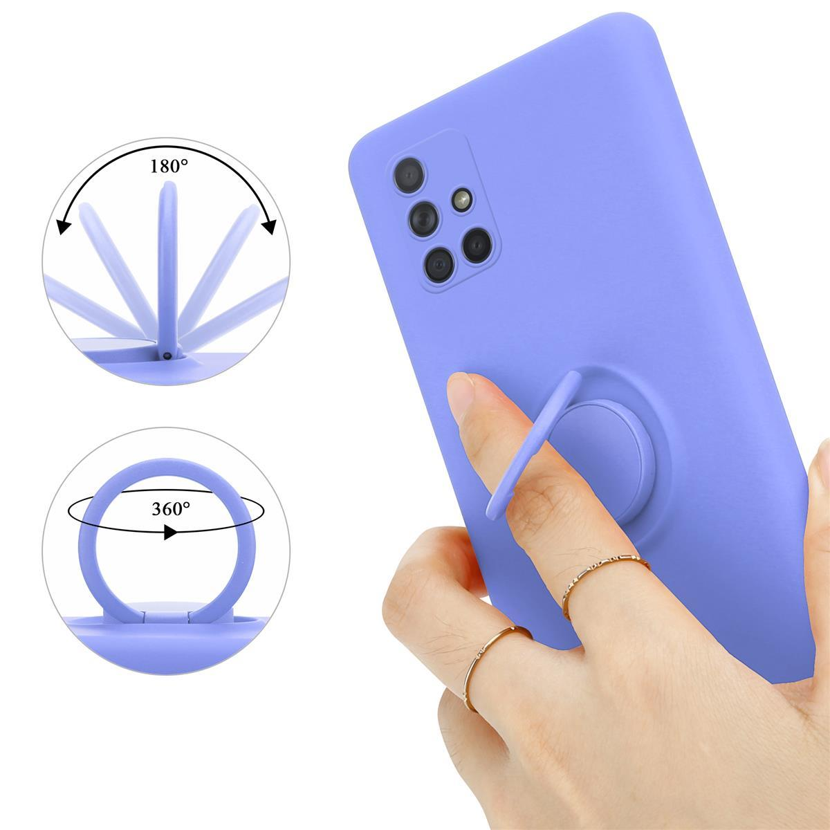 Una mano tiene un telefono lilla con un supporto ad anello. Le frecce mostrano la rotazione di 180° e 360°.