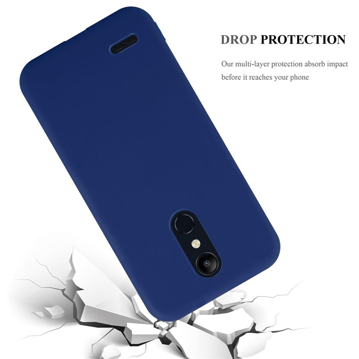 Custodia per telefono blu su una superficie bianca fratturata, con testo sulla protezione dalle cadute.