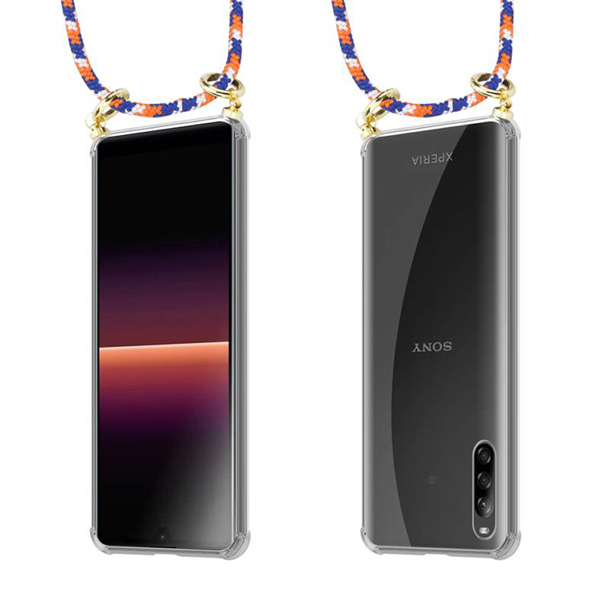 Due telefoni con cordini in custodie trasparenti. Uno con schermo. L'altro, il retro con Sony.