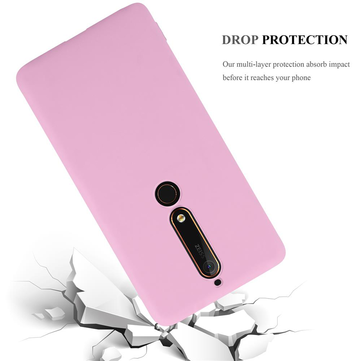 Custodia per telefono rosa. La custodia del telefono sta cadendo e sta incrinando il terreno.