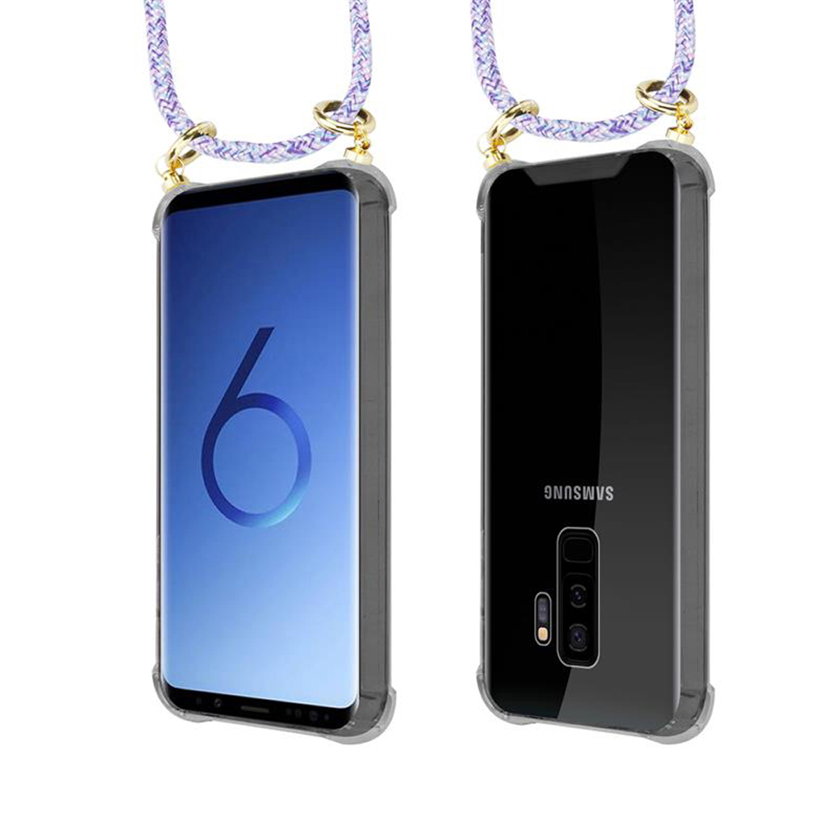 Ein Telefon mit Schlüsselband zeigt den Bildschirm und die Rückseite. Der Bildschirm zeigt die Zahl 6.