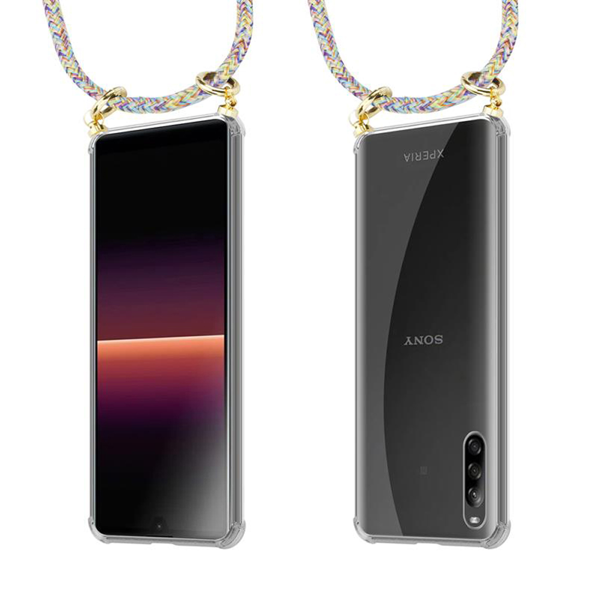 Custodia per telefono con cordino. Il telefono è nero, la custodia è trasparente. Il cordino è colorato.