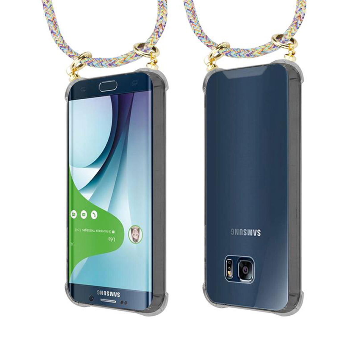 Custodia per telefono con cinturino colorato. Il telefono mostra lo schermo con le icone delle app.
