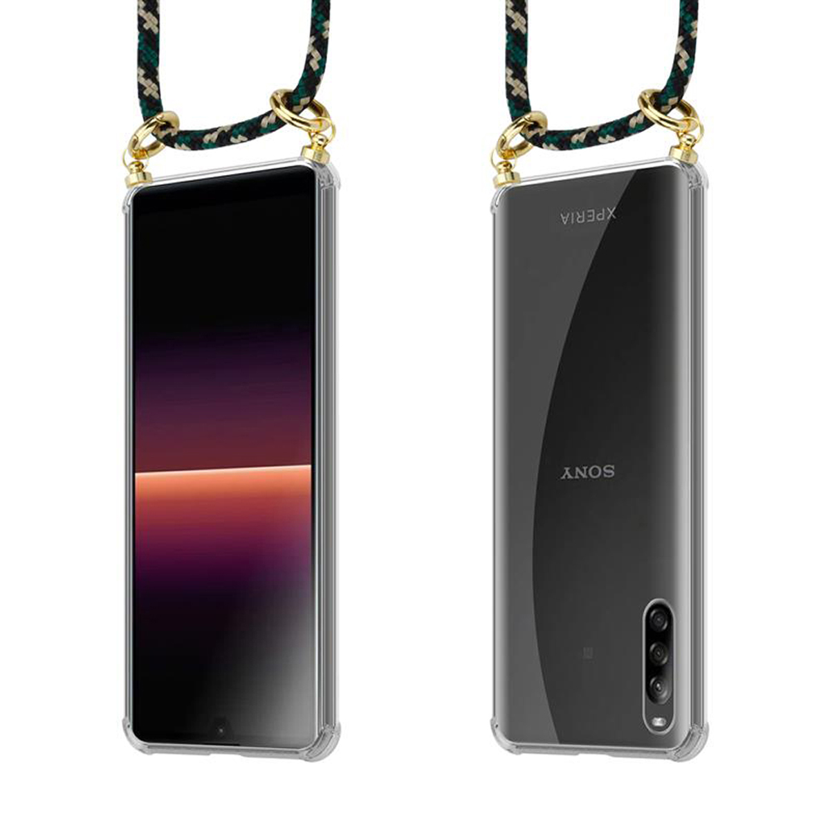 Due telefoni in custodie trasparenti con laccetti. Uno mostra un'interfaccia scura, l'altro un logo Sony.